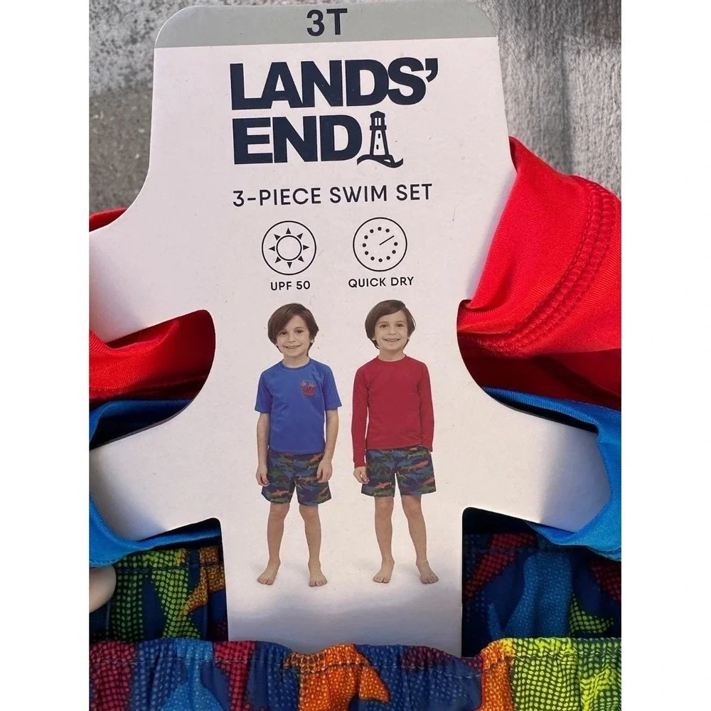 Lands' End 3 Piece Swim Set‎ Rash-Guard Trunks Boy's Size 3T Red Shark Print